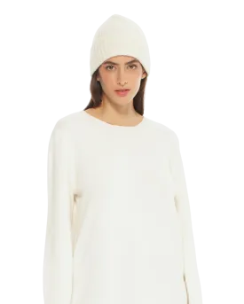 Womens's Pure Cashmere Ribbed Hat Milk White