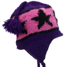 Wool Knit Earflap Tassel Hat - Star Purple