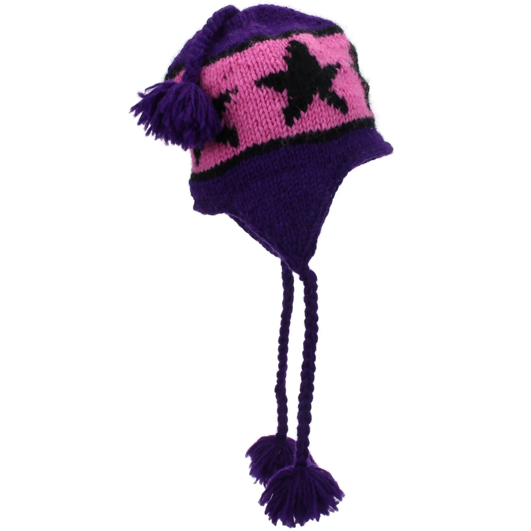 Wool Knit Earflap Tassel Hat - Star Purple