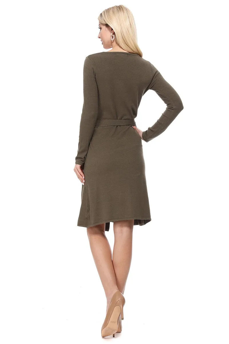 Yemak Women's V-Neck Long Sleeve Belted Wrap Sweater Dress MK6008